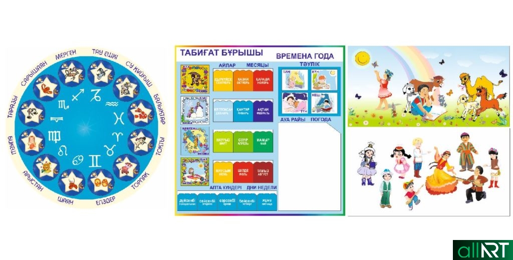 Стенды для детского сада, детский стенд, гороскоп на казахском, персонажи [CDR]