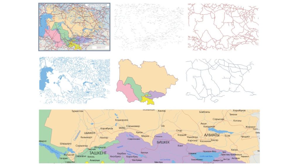 Векторная карта центральной Азии с названиями городов, дорог, рек [CDR]
