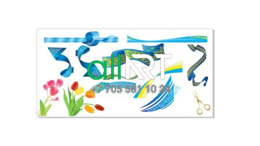 Қазақтың көгілдір,көгілдір ленталары ою-өрнектермен, Қазақстан туымен, вектордағы жапырақшаларында ою-өрнектері бар Қызғалдақтар / Казахские синие,голубые ленты с узорами-орнаментами,с флагом Казахстана, тюльпаны с орнаментами на лепестках в векторе [CDR]