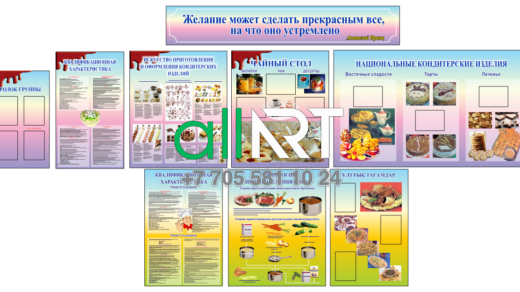 Стенды для столовой полноценный набор,вывеска,кондитерские изделия,уголок,оформление кондитерских издений,чайный стол,приготовление блюд / Асханаға арналған стендтер толыққанды жиынтық,маңдайша, кондитерлік өнімдер, бұрыш, кондитерлік өнімдерді безендіру, шай үстелі, ыдыс-аяқ дайындау [CDR]